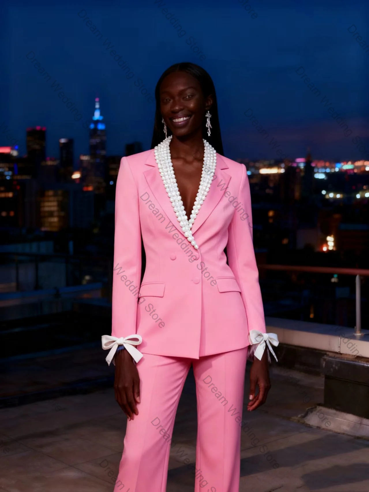 

Pink Bow Pearls Women Suit Set 2 Pcs Blazer+Pants Trousers Cotton Spring Formal Office Lady Jacket Customized Wedding Guest Coat