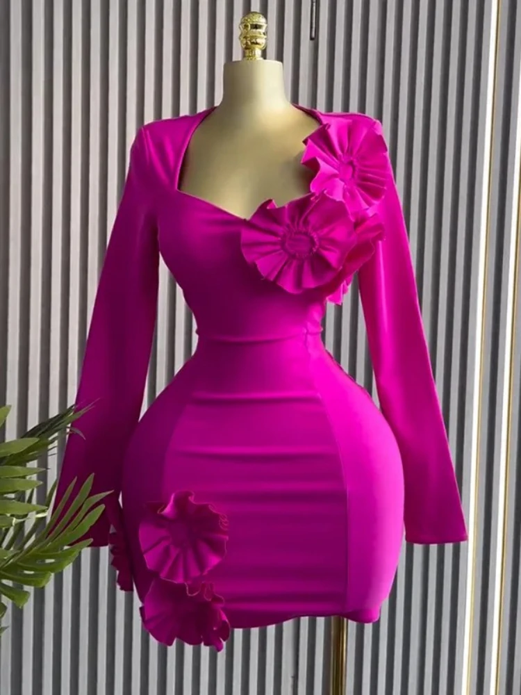 

Новинка 2023 года, женское облегающее мини-платье без бретелек с 3D цветком и длинными рукавами, сексуальное платье для дня рождения, вечера, вечеринки, клуба, Vestidos