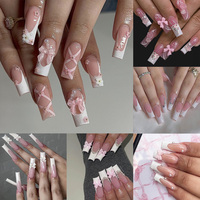24pcs Long Ballerina Fake Nails Blue Crystal Flowers Pink Bow French False Nails Full Cover Press on Nails DIY Detachable