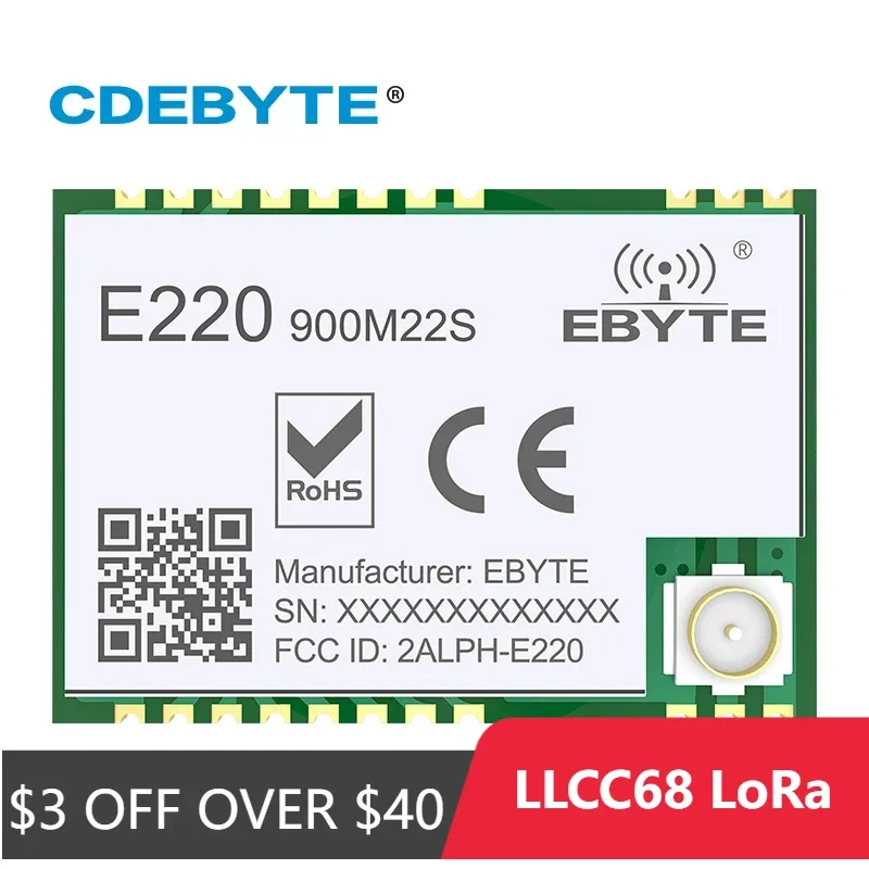 Беспроводной модуль LLCC68 LoRa, 868 МГц, 915 МГц, 22 дБм, дальность действия 6 км, PA + LNA CDEBYTE, стандартная антенна IPEX, радиочастотный