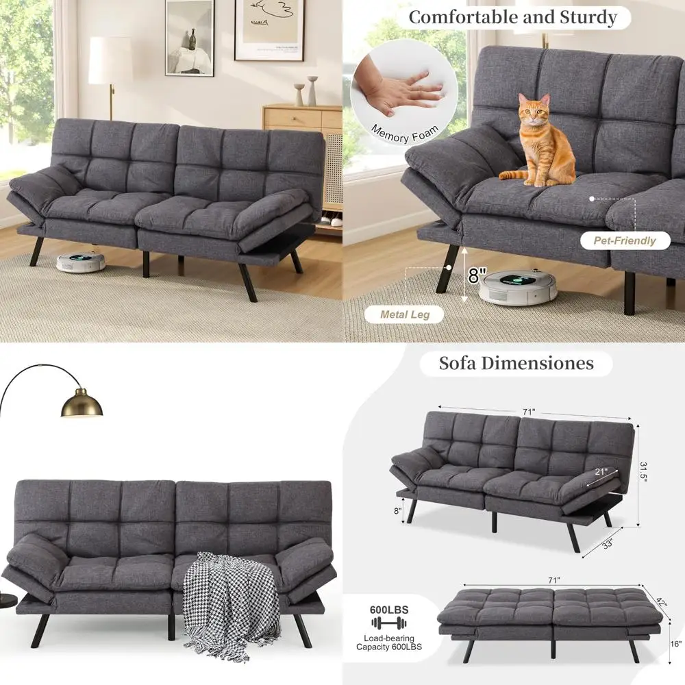 

Memory Foam Futon Sofa Bed, Convertible Sleeper Couch with Adjustable Armrests and Backrests, Modern Christmas Futon