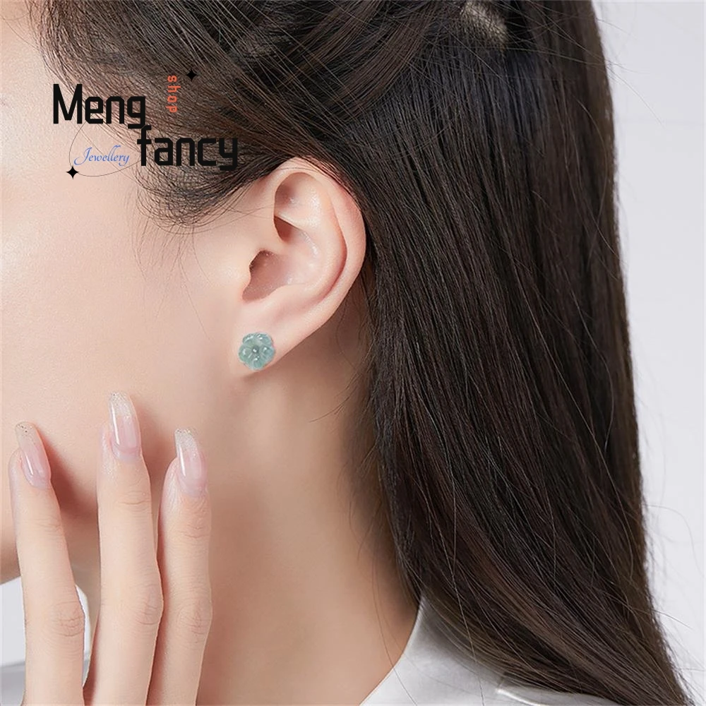 Original Natural A-goods Jadeite Blue Water Peach Blossom Earrings Icy Jade Petals S925 Silver Inlaid Ancient Style Fine Jewelry