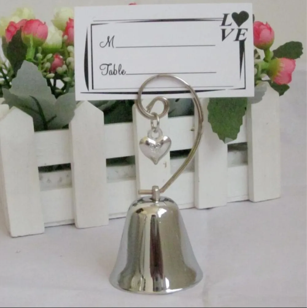 

Free Shipping 50pcs/lot Wedding Favors Charming Chrome Bell Place Card/Photo Holder with Dangling Heart charm