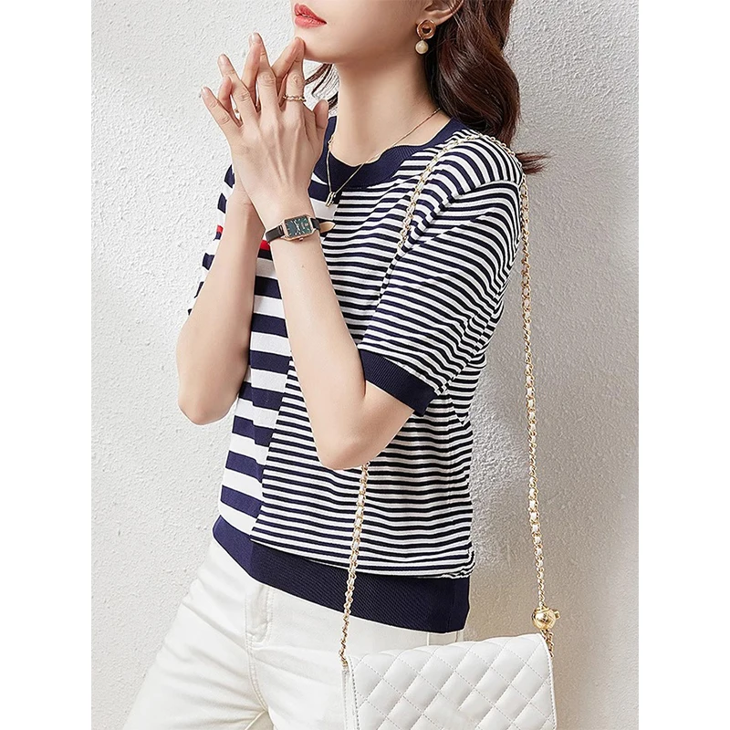 Summer New Color Contrast Short sleeved T-shirt Women\'s Garden Neck Irregular Stripe Knitted Shirt Women\'s Top 9020