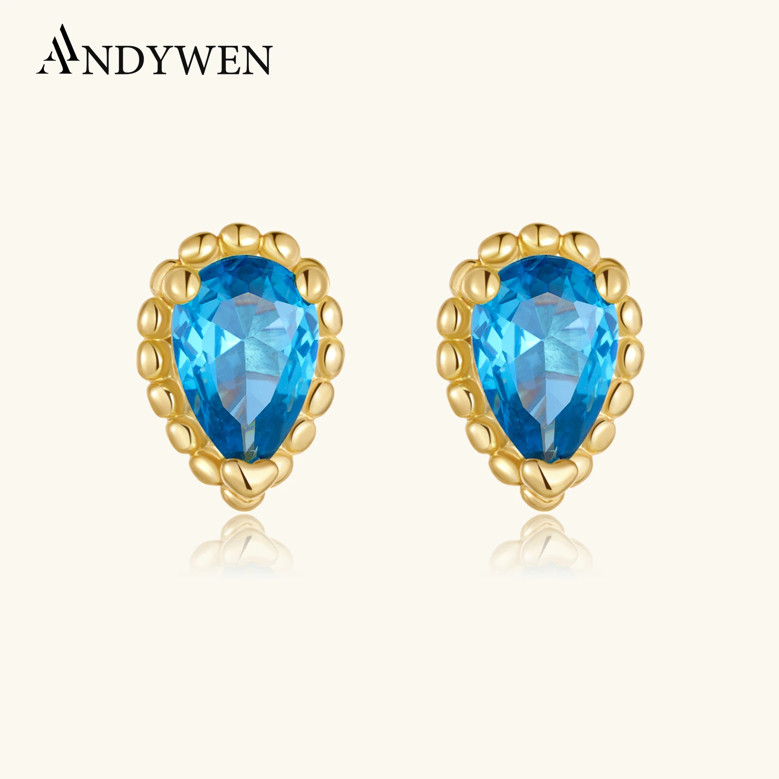 

Женские серьги-гвоздики ANDYWEN из стерлингового серебра 925 пробы с синим цирконом в форме груши и бусинами по краю, 2026, роскошные повседневные украшения, подарок