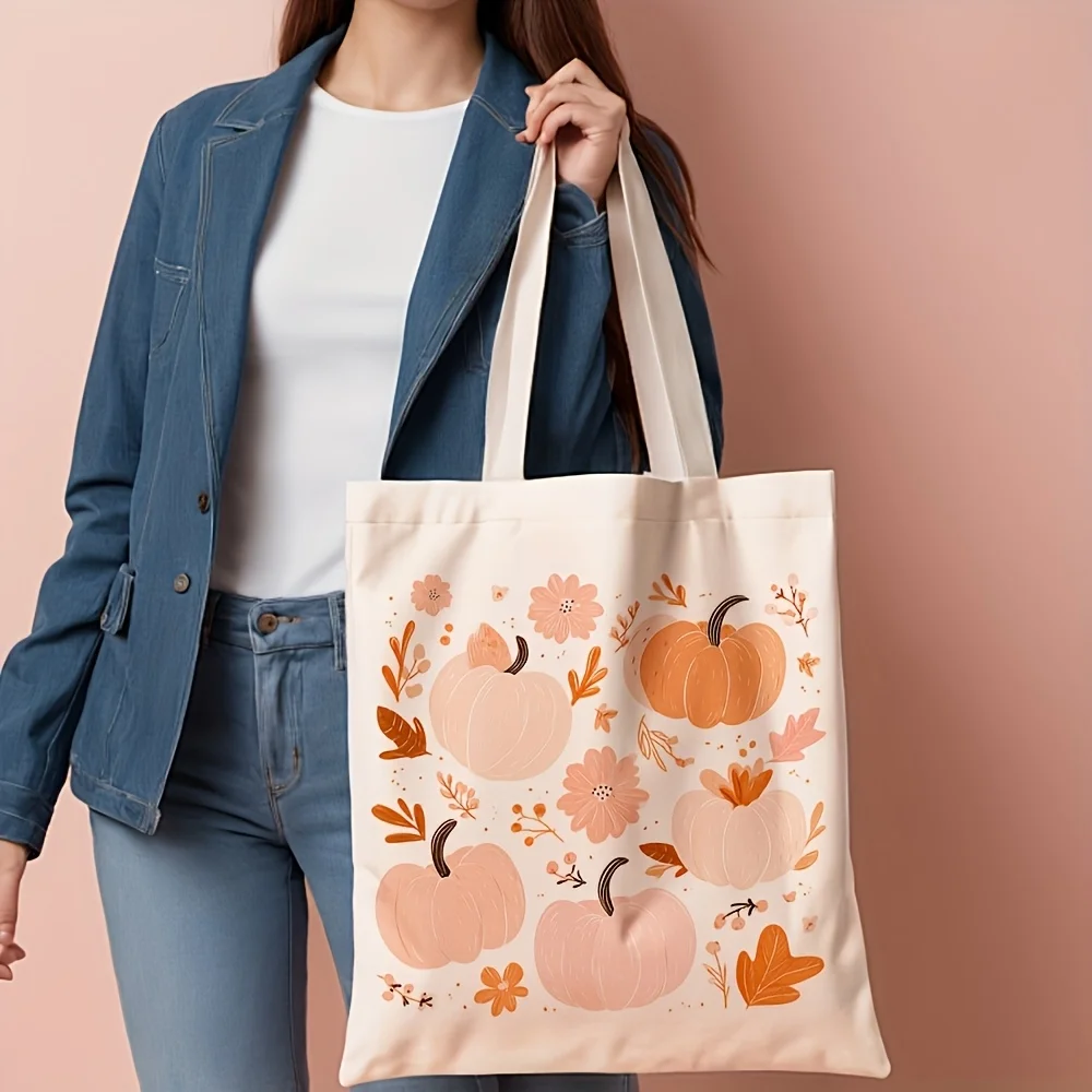 Fall Pumpkin Canvas Tote Bag Cute Autumn Floral Leaf Pattern Large Capacity Shoulder Handbag Shopping Travel School Daily Use