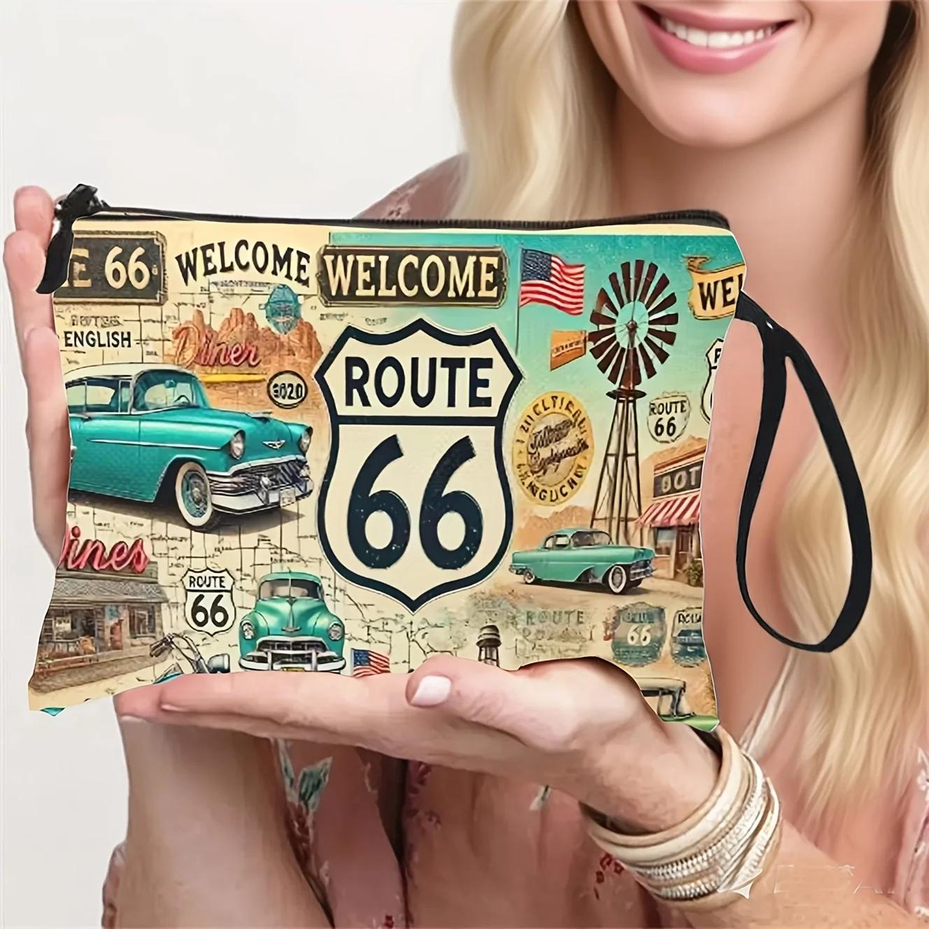 Retro Route 66 Patterned   Toiletry Bag Double-Sided Large Capacity Travel Makeup Bag for Women Summer Travel Gifs