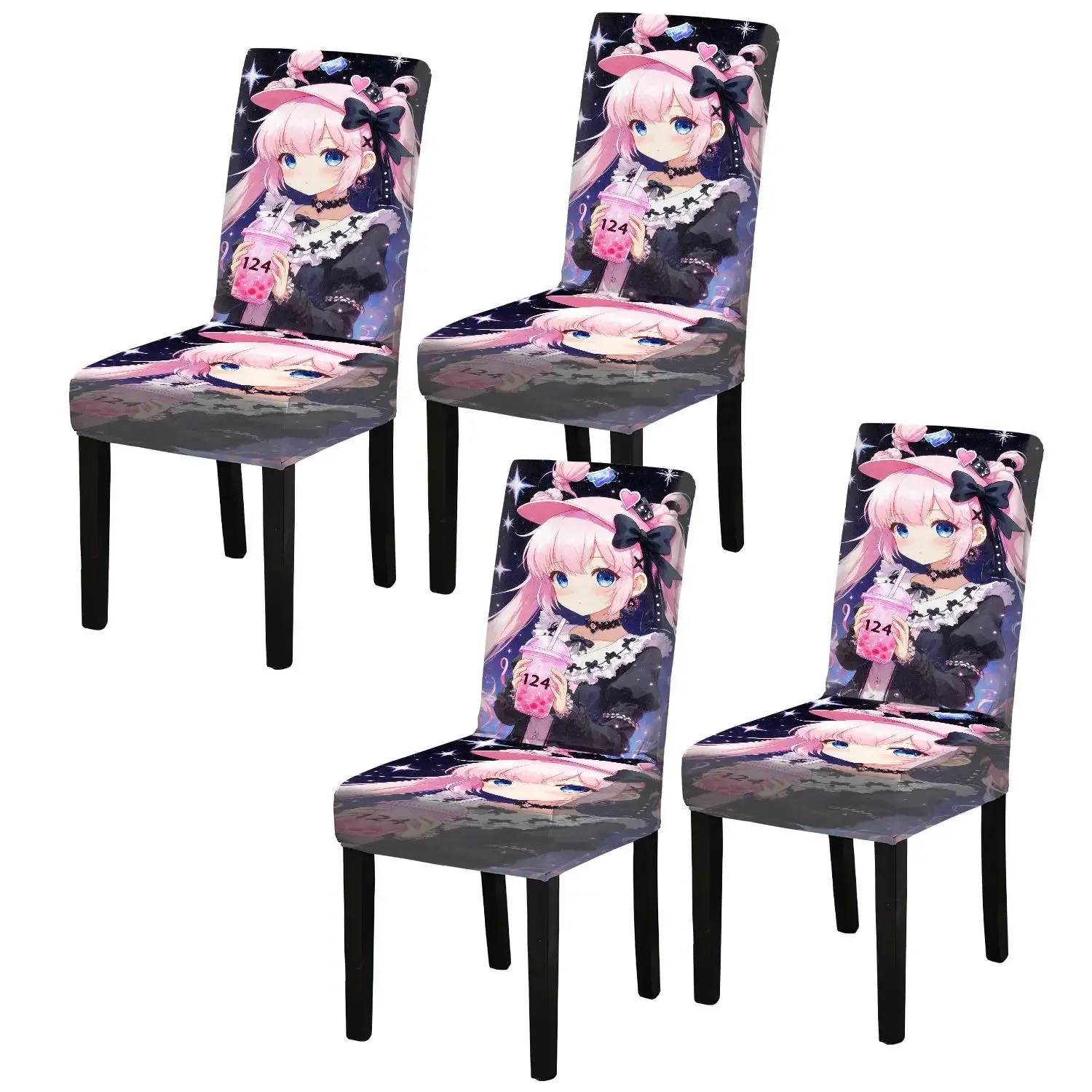 Elastic dining chair cover Anime girl bubble tea exquisite cute style Removable, washable, home dining chair protective cover
