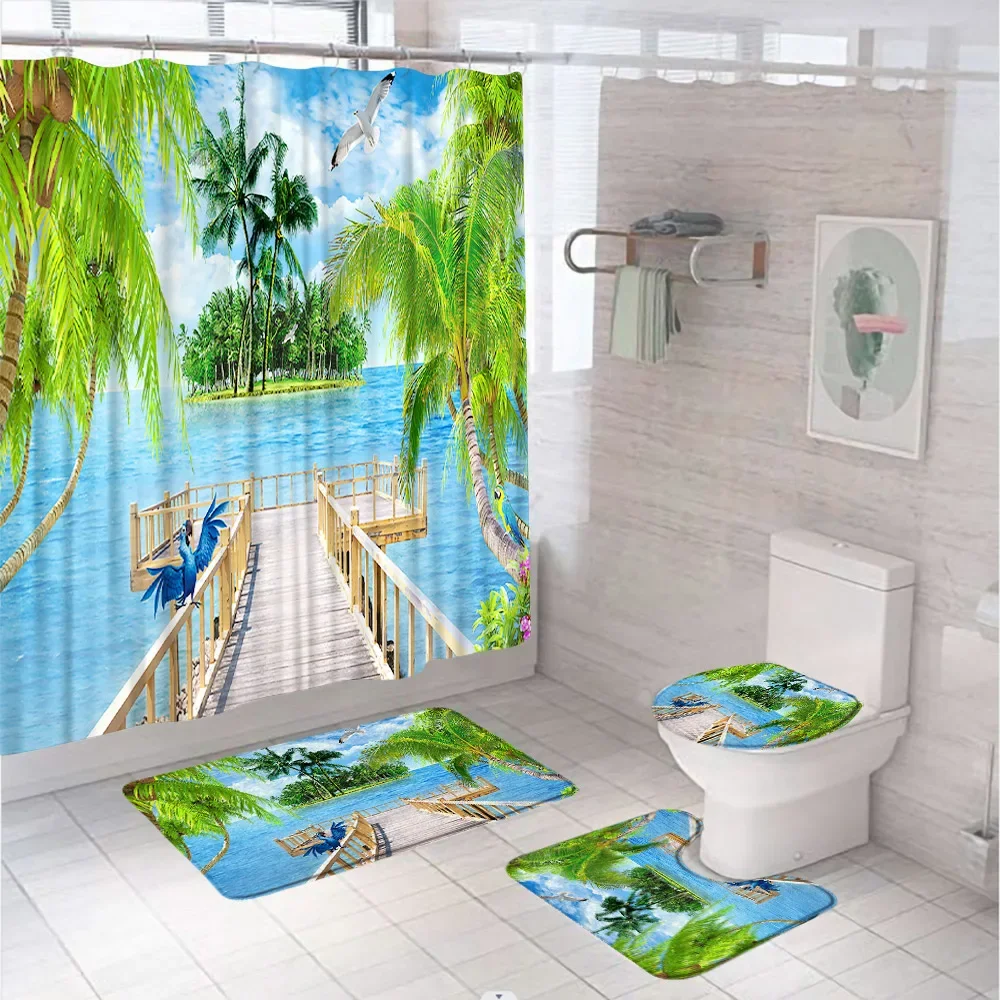 Ocean Scenery Shower Curtains Set Sea Tropical Palm Tree Island Seagull Parrot Bathroom Decor Non-Slip Bath Mat Rug Toilet Cover