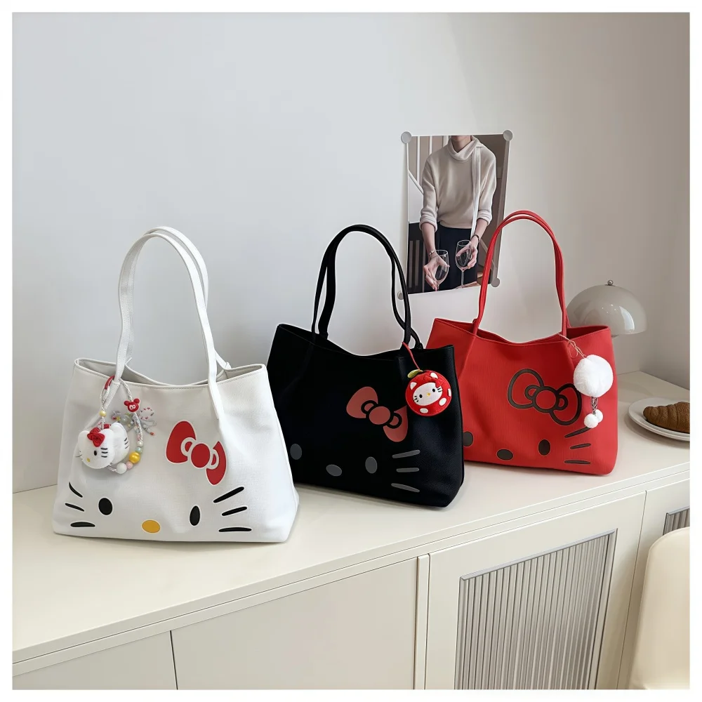 

Hello Kitty Women Canvas Shoulder Tote Bag Big Capacity Work Commute Bag Cute Cartoon Print Stylish Versatile Handbag Carryall