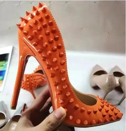 Sexy Orange Color Spike Rivet Pointed Toe 8 10 12 CM Thin Heels Dress Party Pumps Women Shallow Slip On Cover Heel Shoes Lady