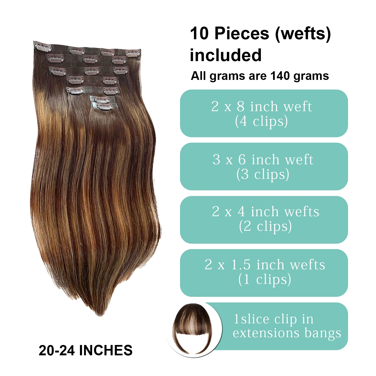 Highlight Color Hair Extensions #4/27 Clip In Straight Real Human Hair Double Weft 140G Per Pack 10 Pcs Clip Ins Extension