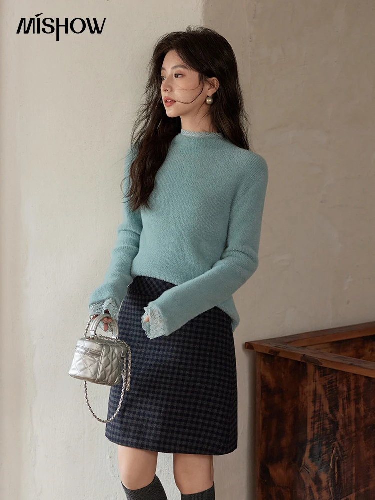 MISHOW أسفل محبوك سترة المرأة الدانتيل حافة تقليد المنك الصوف الياقة المدورة المرأة طويلة الأكمام 2024 الشتاء بلايز MXD55Z0936 #2