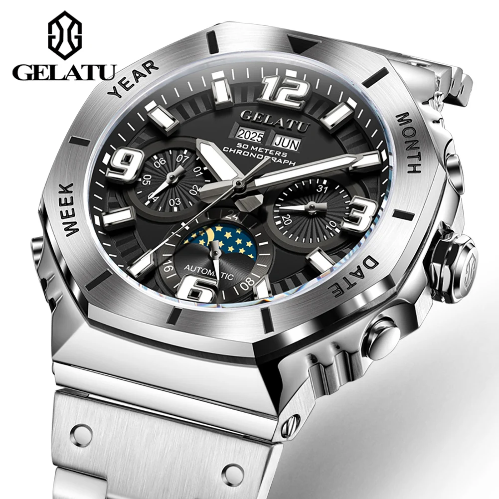 

GELATU 6030 Automatic Man Watch Luxury Brand Original Moon Phase Dual Calendar Chronograph Waterproof Luminous Mechanical Watch