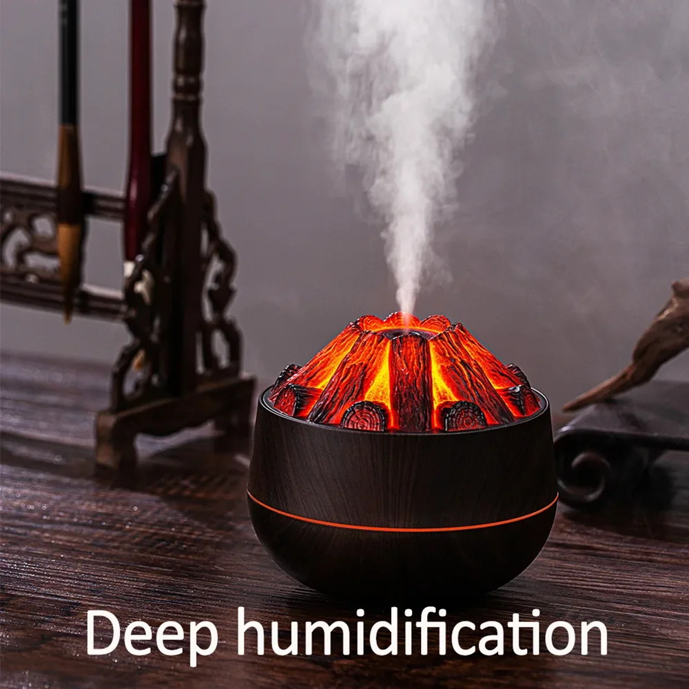 Simulated Charcoal Flame Humidifier Ultrasonic Silent Dual Mist Mode Essential Oil Aromatherapy Diffuser with Night Light
