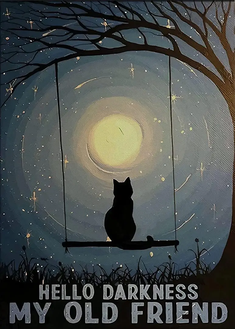 Vintage Metal Sign Black Cat Hello Darkness My Old Friend Black Cat Moon Cat Lover Gift Bedroom Black Cat Aluminum Sign for sign