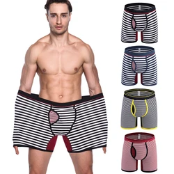 M-6XL Fashion Men's Stripe Boxers Sexy Cotton Lengthen Straight Angle Pants FRONT OPENING Design Underpant