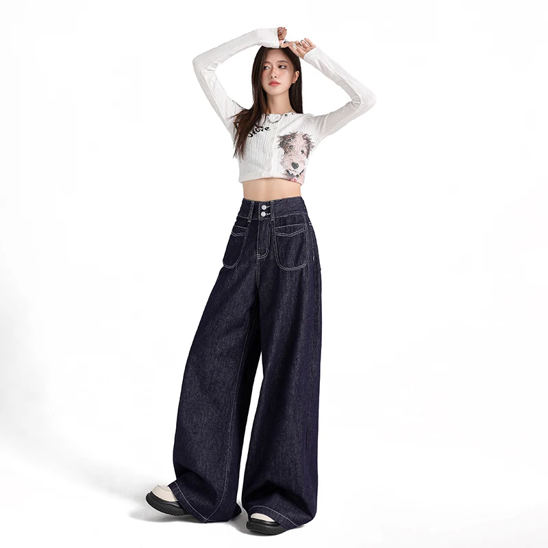 Shascullfites Anti-Fading Denim Original Color Super Soft Drape High Waist Double Button Denim Wide Leg Pants For Women