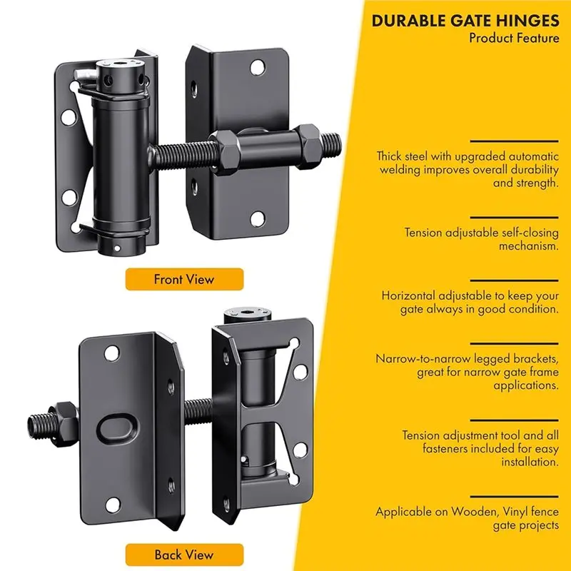SHGO-Self-Closing Gate Hinges In Black Finish, Heavy Duty, Adjustable Tension For Wood/Metal Vinyl/PVC Fences, 2-Pack