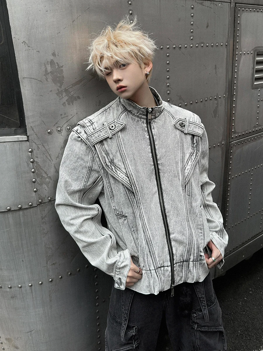 ReddaChic jaren 2000 Distressed Heren Denim Bomberjack Vintage Vuile Gewassen Lange Mouw Zip-up Jean Jas Biker Moto Streetwear