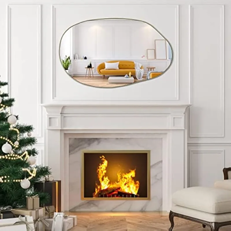 Irregular Wall Mirror, 33.5"x20.5" Asymmetrical Mirrors, Unique Shaped Mirror, Gold Modern Mirror for Living Room Bathroom