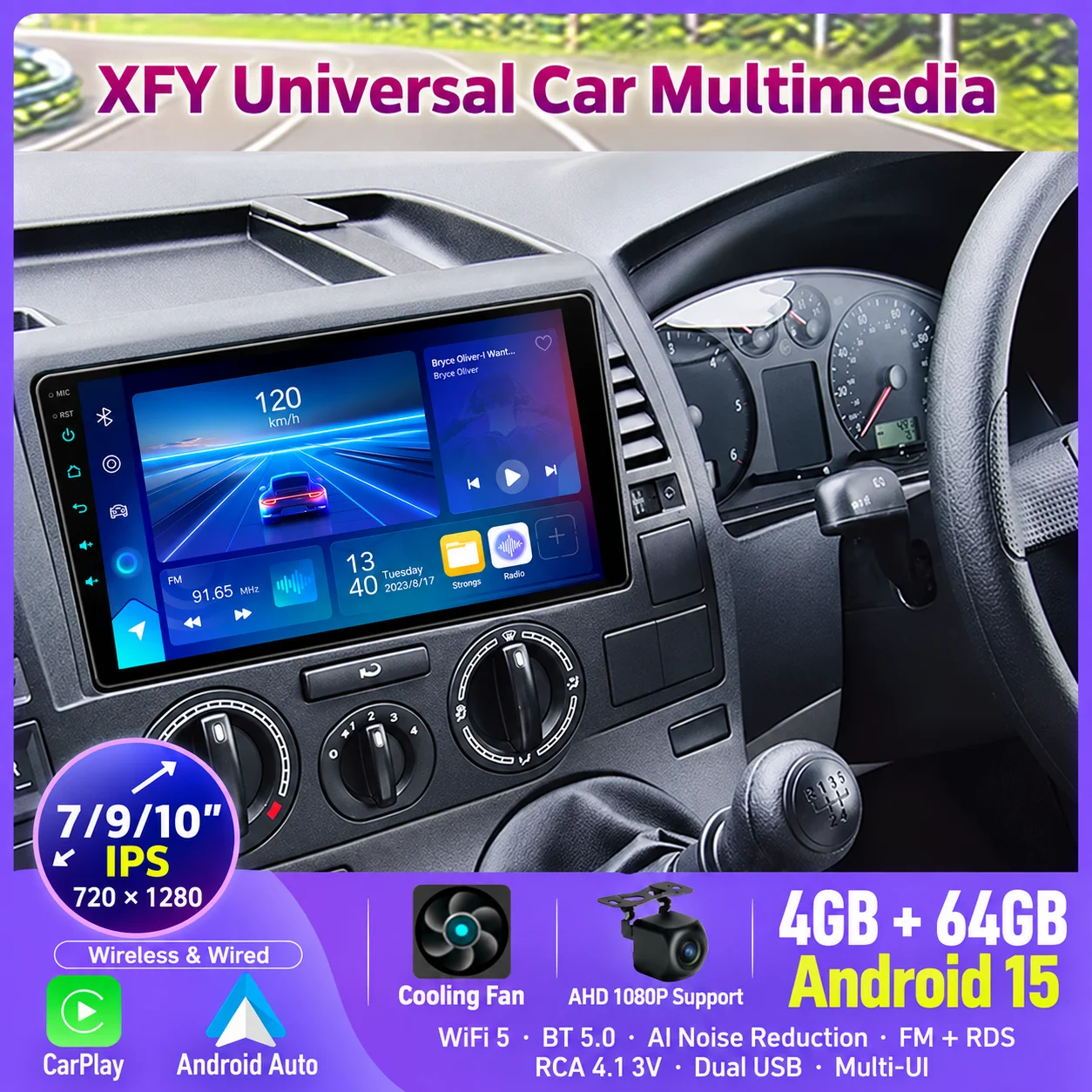 XFY Android 15 4GB+64GB CarPlay Car Stereo Wireless & Wired Android Auto Black 7/9/10 Inch 720x1280 IPS Universal Head Unit NEW