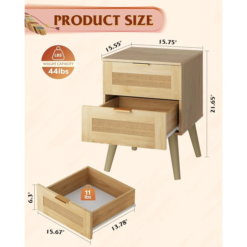 طقم من طاولتين خشبيين بجانب السرير، طقم طاولات بجانب السرير مع درجين مزخرف من الخوص، وطاولة قهوة بأرجل صلبة