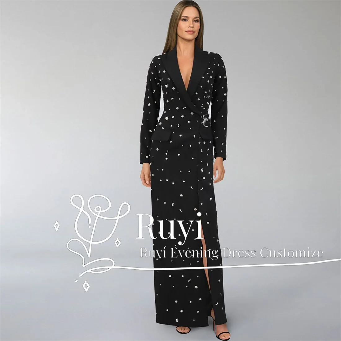 Customized Full Beaded Sequins Black Crepe Evening Dresses For Formal Occasion Long Sleeves V-Neck Sexy Luxury Formal Gown