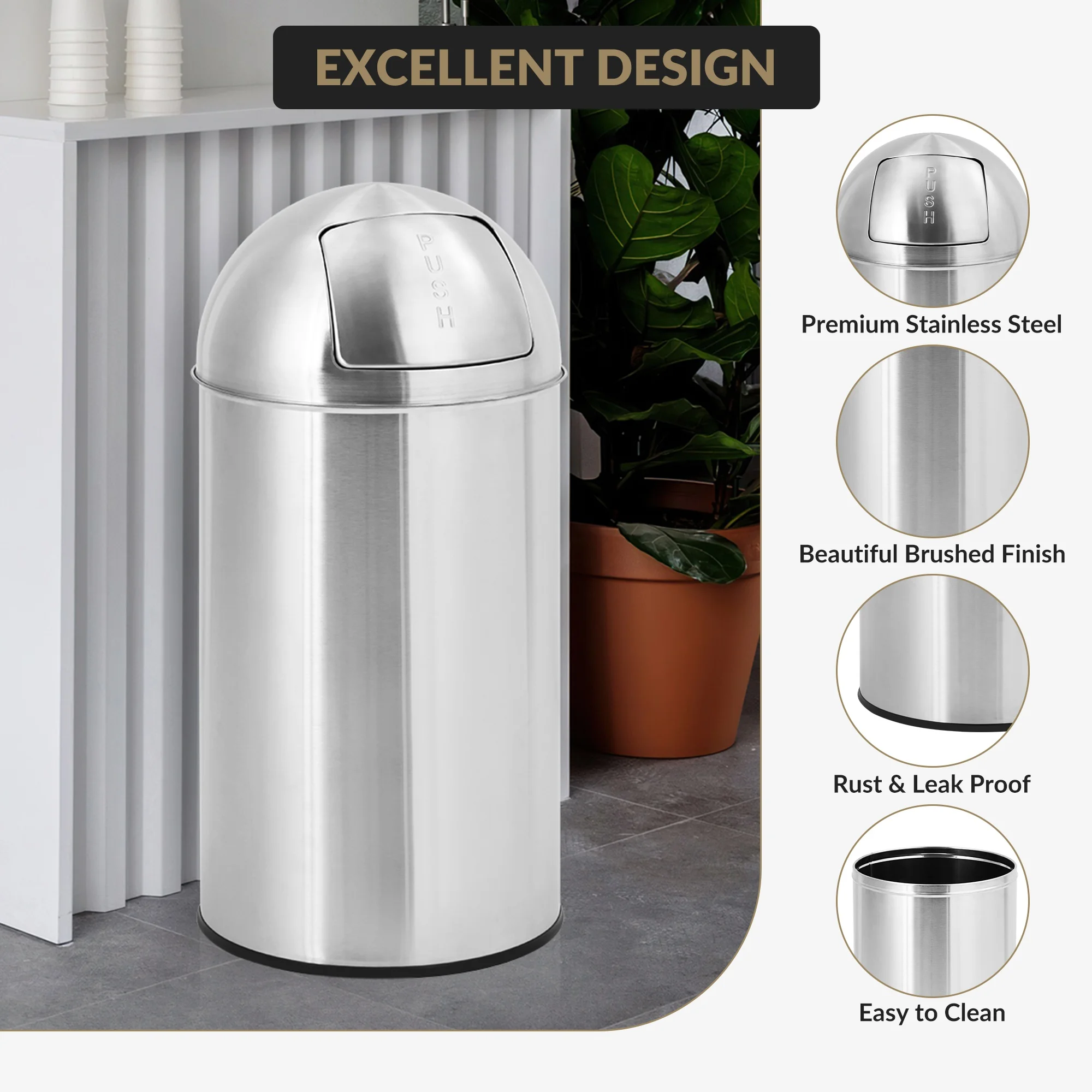 Cylindrical Commercial Trash Can, Fingerprint-Proof Stainless Steel Garbage Can with Push Lid, Heavy Duty Tall Waste Bin with Removable Inner Bucket for Outdoor, Commercial Use