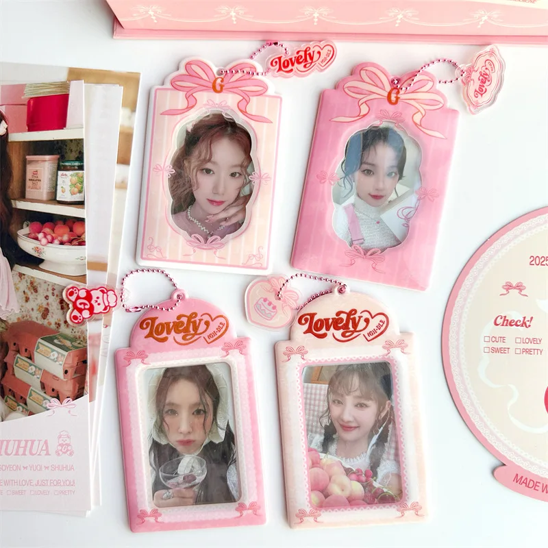 Kpop Photocard Holder with Keychain Y2K Kawaii Bow Lace Photo Card Sleeves ID Badge Holder Card Protector