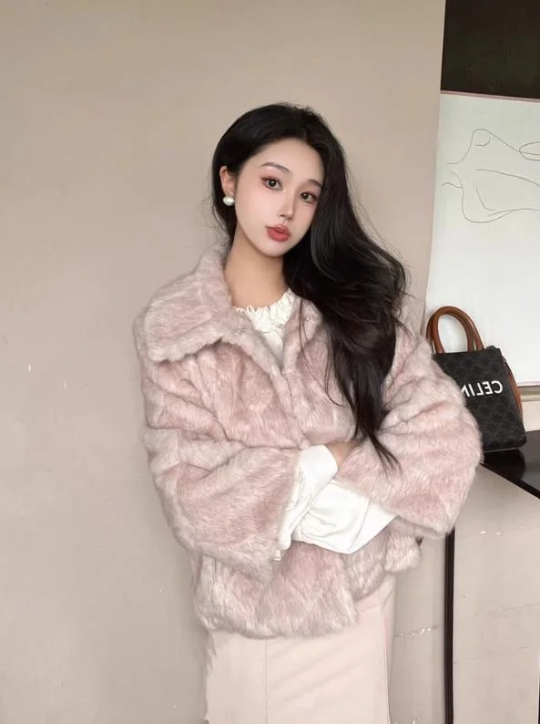 

Miss Saho Pink Faux Fur ort Coat Women's Winter Thiened Outerwear Eco-friendly Leatherette Girls' Sle Stand Fit Long...