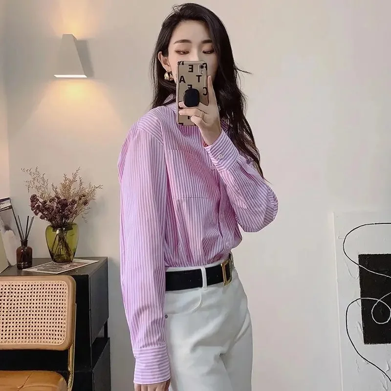 春秋の女性用ストライプシャツコート、レディースファッション長袖シャツトップス、フランス風女性用プレミアムフレッシュカジュアルカーディガンブラウス