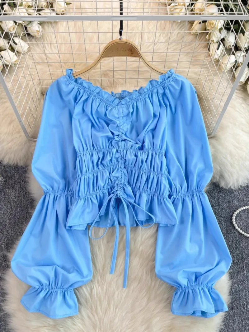 Vintage Blouse Shirt Women Short Off-shoulder Puff Sleeve Tops Summer Fashion Design Pleated Waist Pure Spice Girl Shirt Blouse