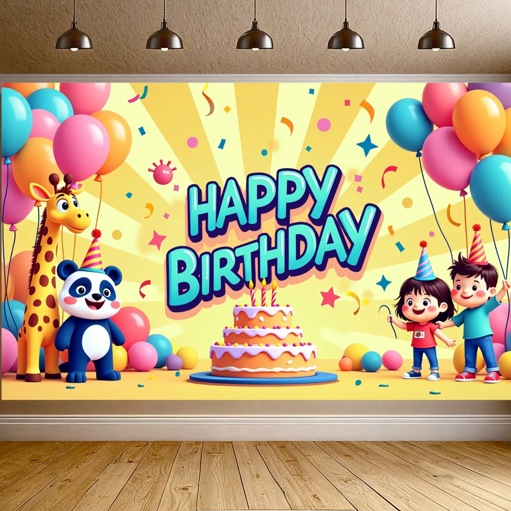 Party Backdrop Birthday with Balloons Cake Cartoon Animals for Event Kids Celebration Photography Decoration Background Banners