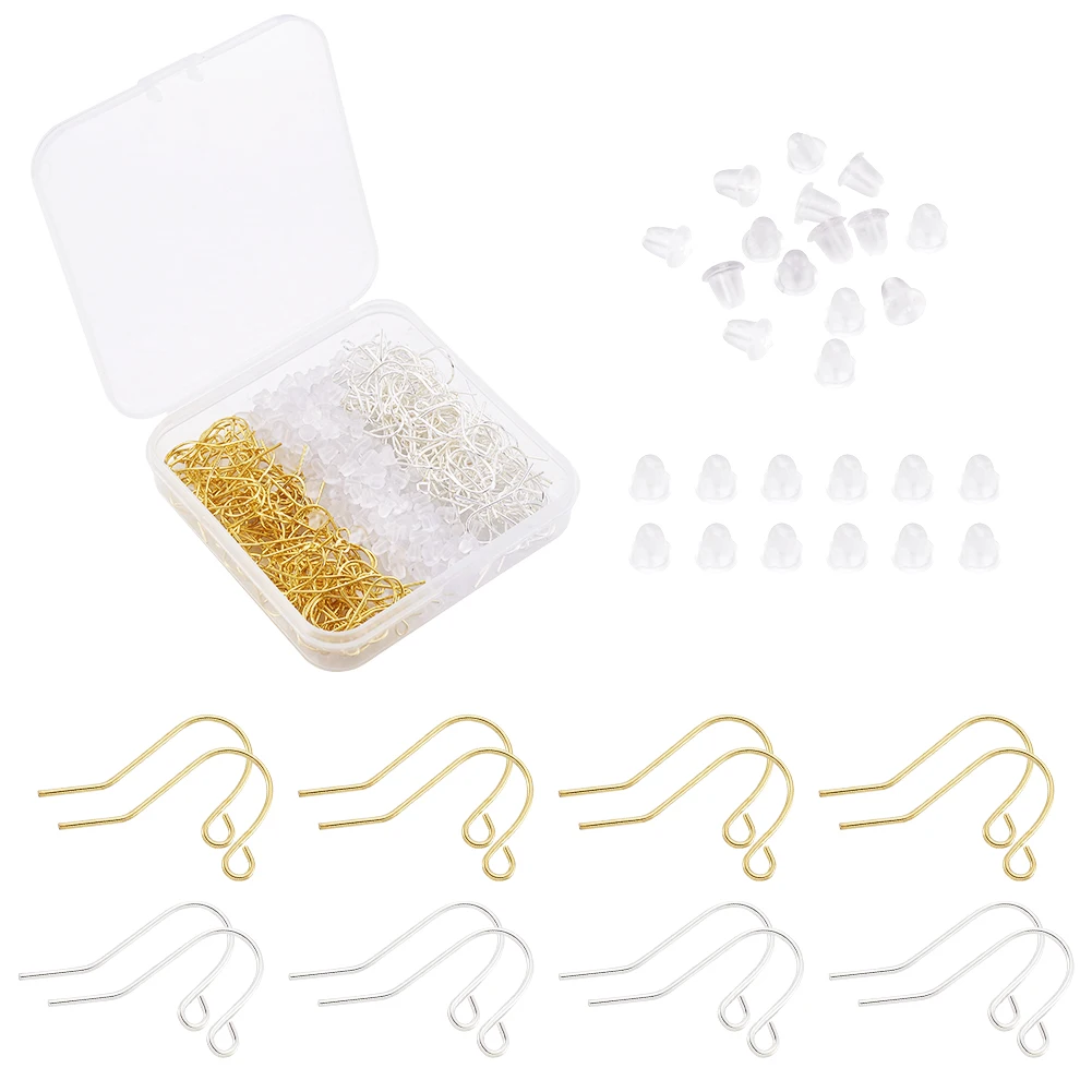 200pcs 12x17mm Iron Earring Hooks Earring Wires with Plastic Earring Ear Nuts For Jewelry Making DIY Ear Clasp Findings Supplies