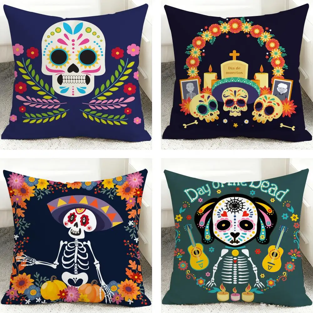 Mexico Easter Flower Skeleton Cushion Cover 40x40cm Square Decorative Sofa Cushion Cover Bedroom Living Room Home Decor Gift