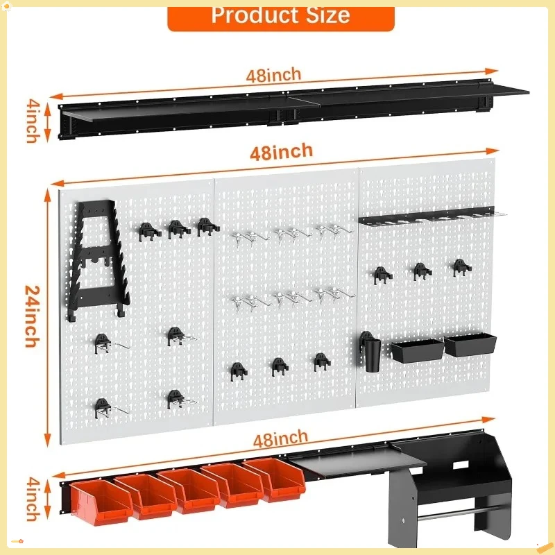 Wall Mounted Tool Organizer 4ft - Metal Pegboard System for Garage Storage with Accessories
