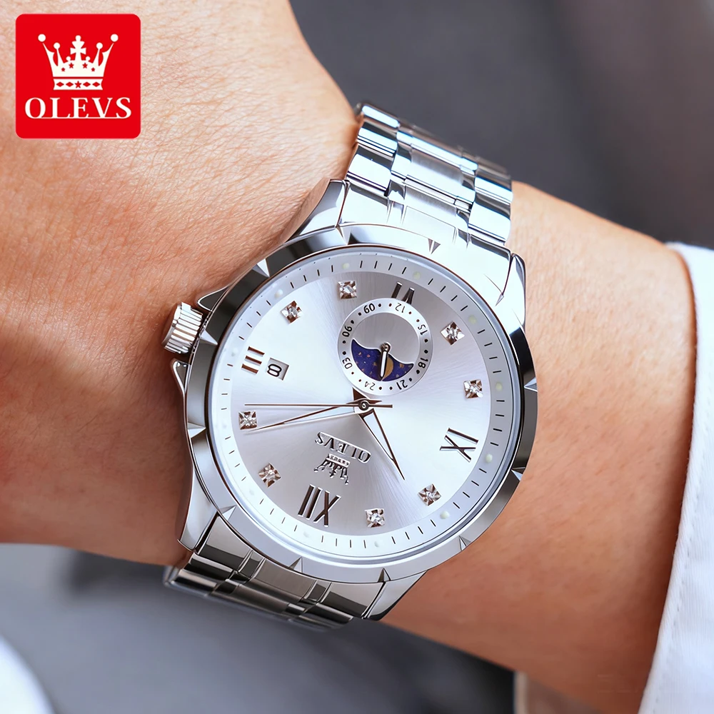 OLEVS ساعات رجال الأعمال عادية مقاوم للماء الفولاذ المقاوم للصدأ العلامة التجارية الأعلى الأصلي كوارتز ساعة اليد مرحلة القمر مضيئة 2956 جديد