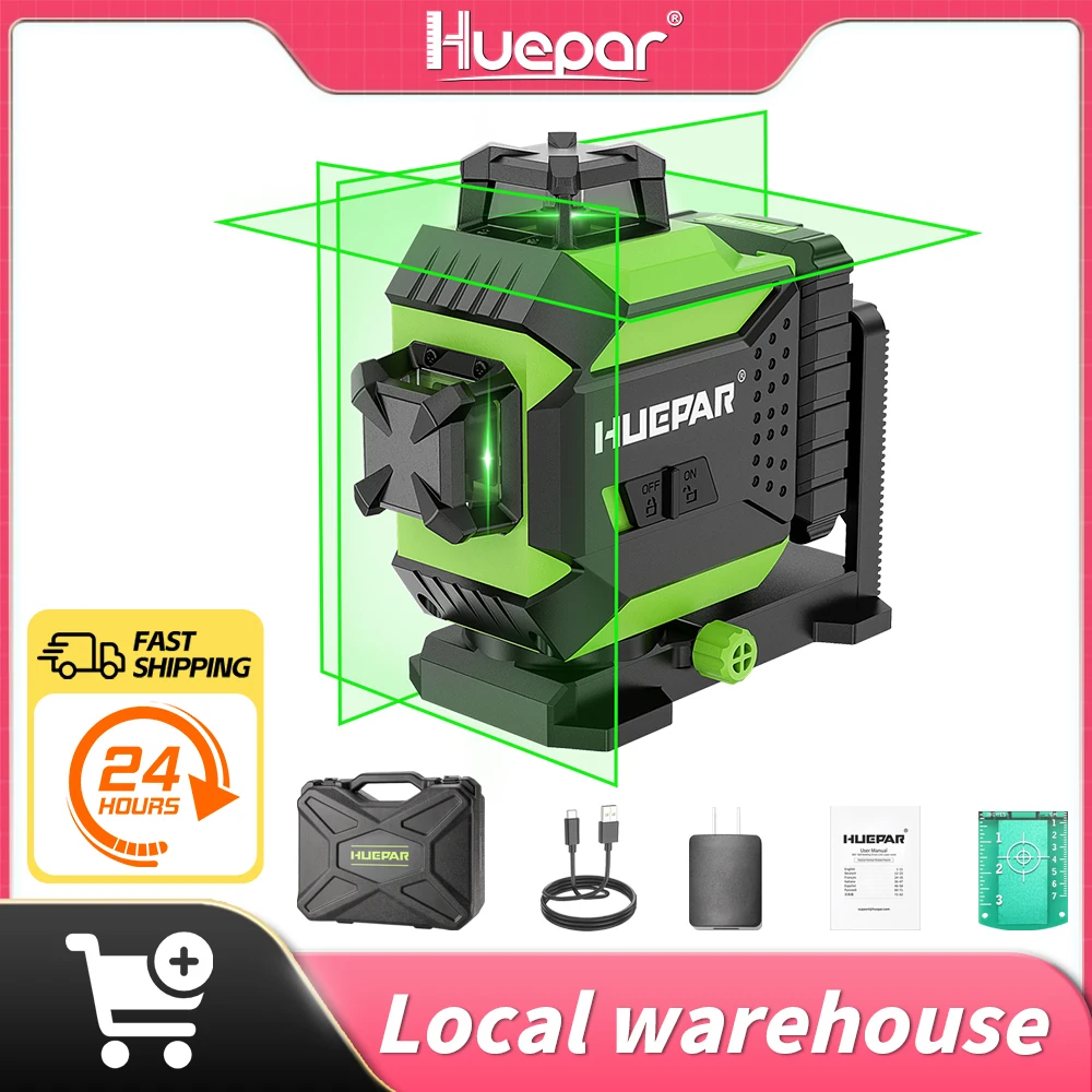 Huepar 12 Lines Laser Level 360 Self-Leveling Laser Level Green Beam with Power-Saving Outdoor Pulse Mode