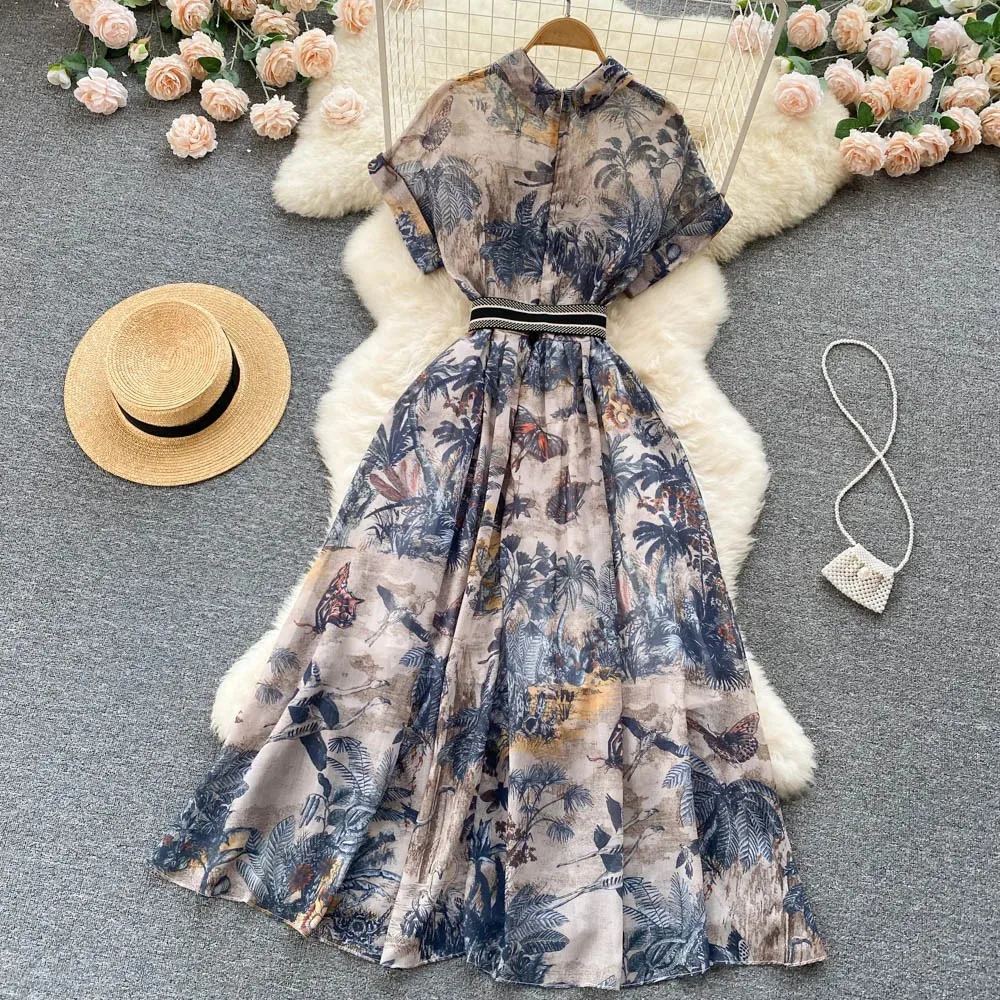 Retro Print Elegant Short Sleeve Lapel Chiffon Dress A-line  Casual High Waist Women Summer Dresses