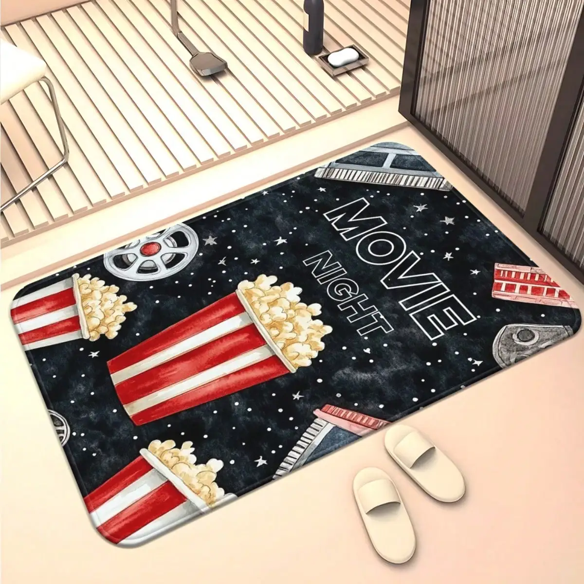 Movie Night Door Mat - Popcorn Film Reel Cinema Decor, Home Theater Entrance Rug, Fun Living Room Carpet, Multiple Sizes