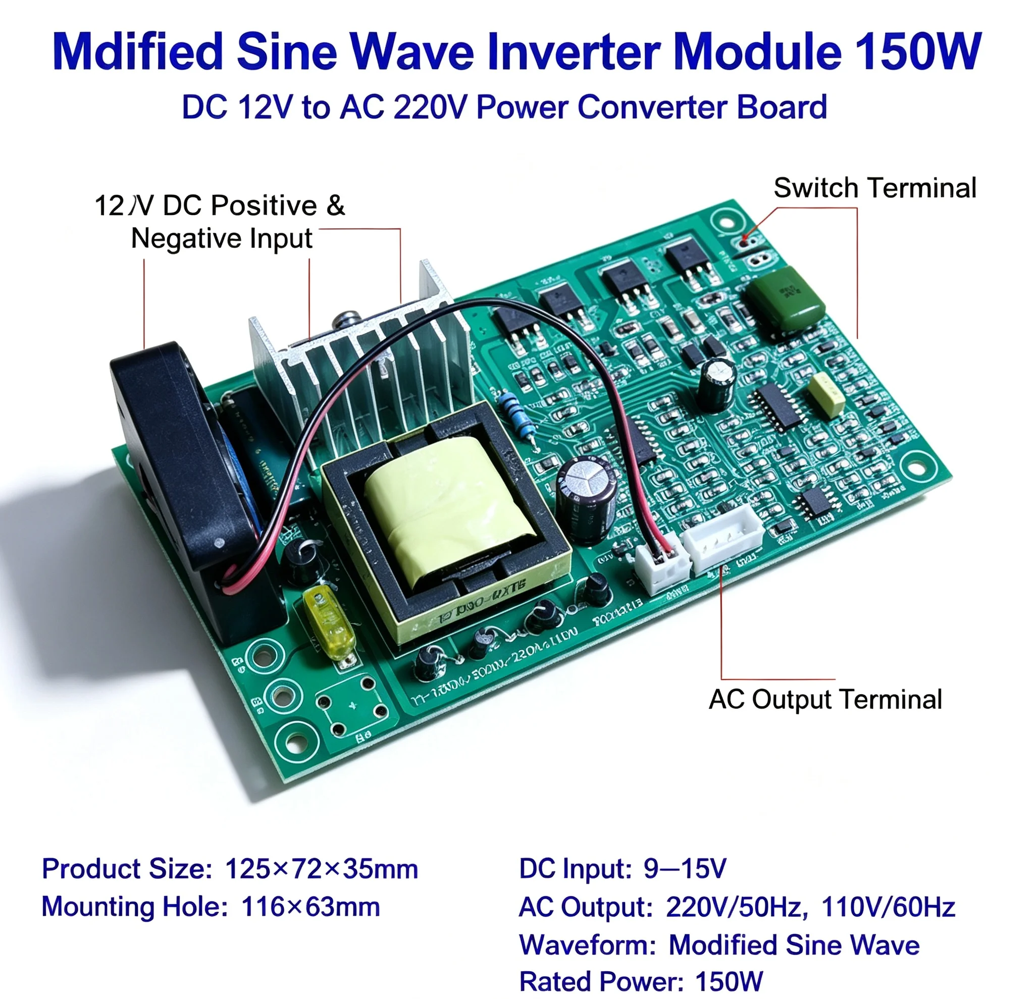 12V to 220V modified square wave inverter module circuit bare board energy storage customized solar 150W