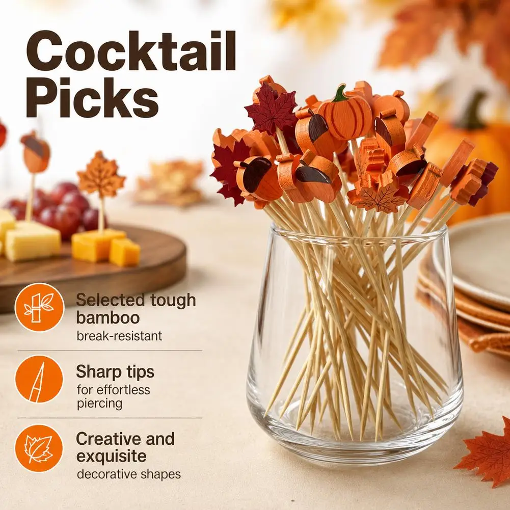 Cocktail Picks Bamboo Maple Leaf Fruit Sticks Decorative Appetizer Toothpicks for Party Burger Food Picks