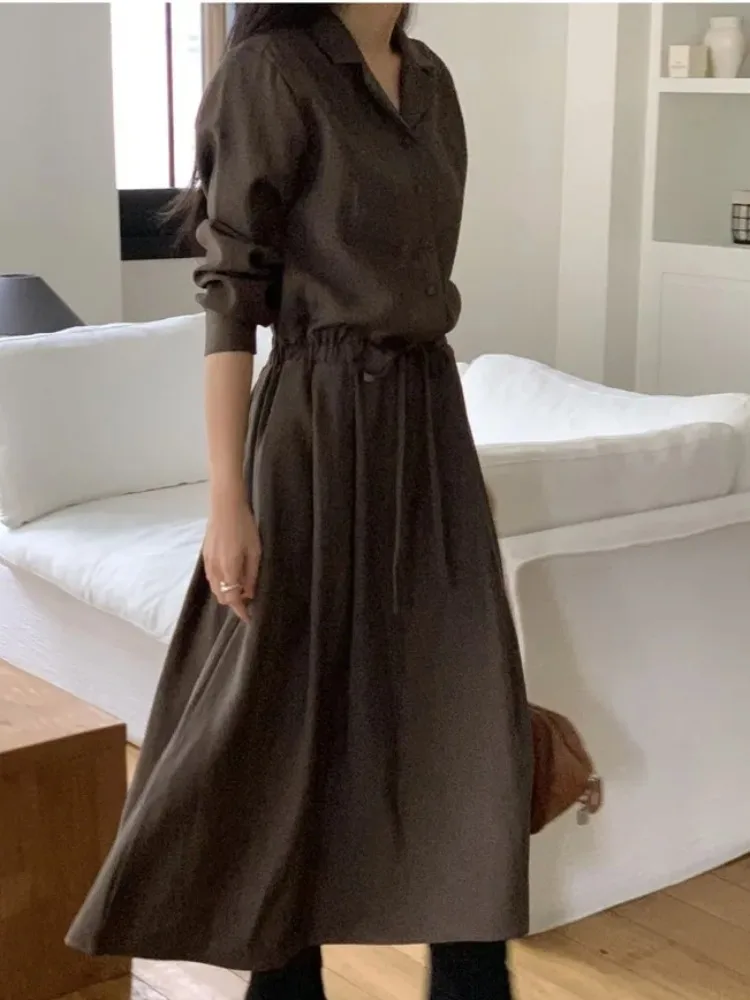 Coreano sle outono chá break irt dr feminino elely sob medida cintura-conchatável versátil com cinto terno colarinho