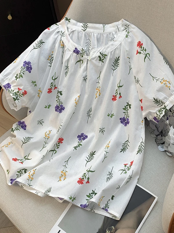 

Artistic Floral Cotton Linen Short Sleeve Women's Summer Shirt Neck round Pullover Slimming Stylish Top Thin