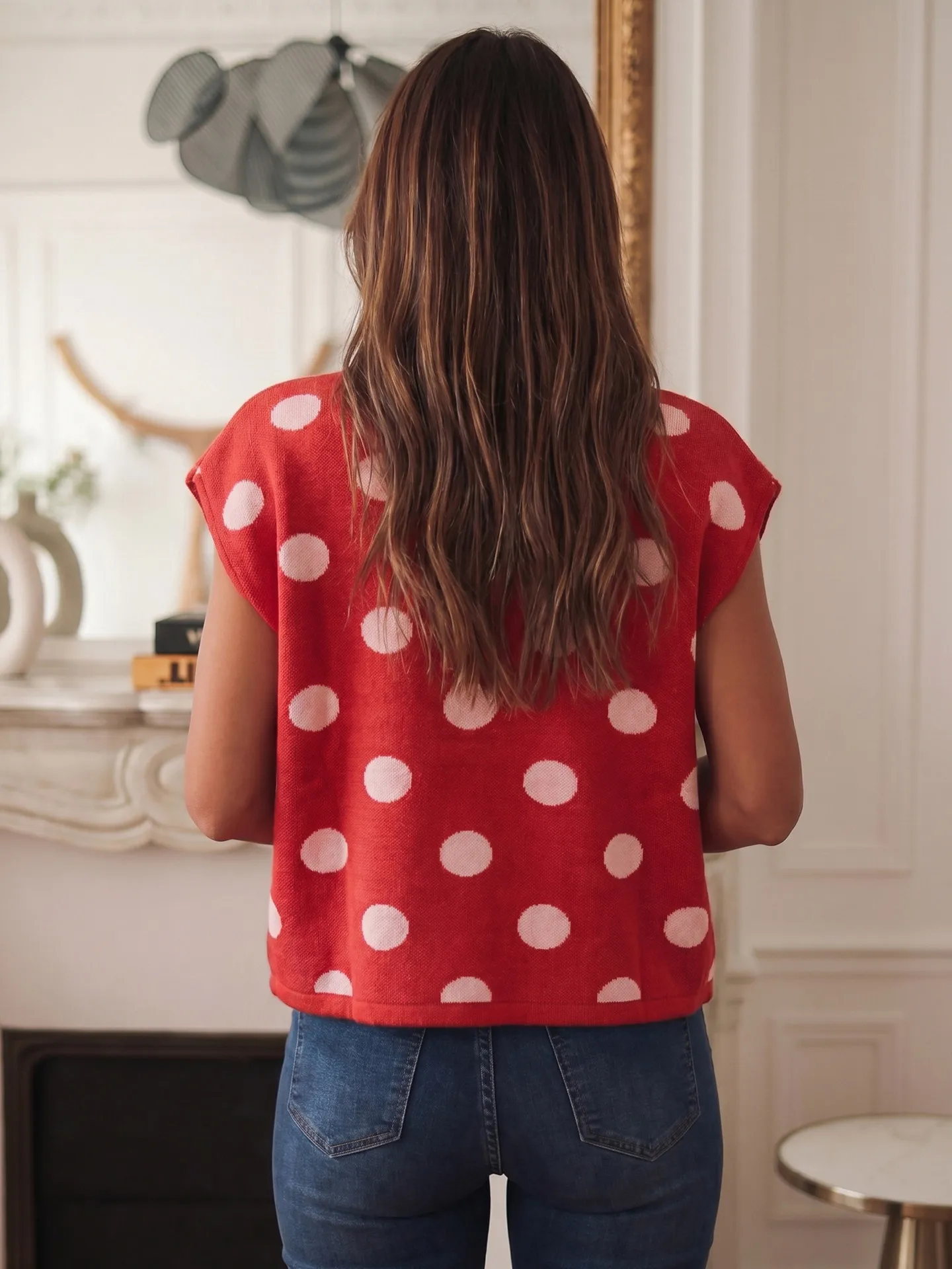Red Polka Dot Knitted Vest Women's Outerwear Casual Style Single Button up Top mid Autumn New Arrival by DearLover