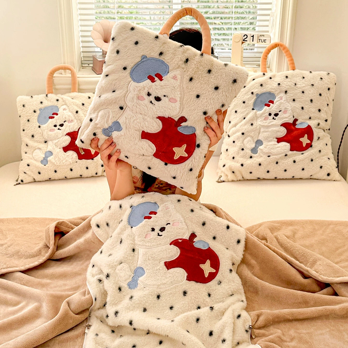 Thickened Apple Dog Rabbit Plush 2 in 1 Throw Pillow Blanket Car Backrest Office Nap Cushion Home Travel Gift