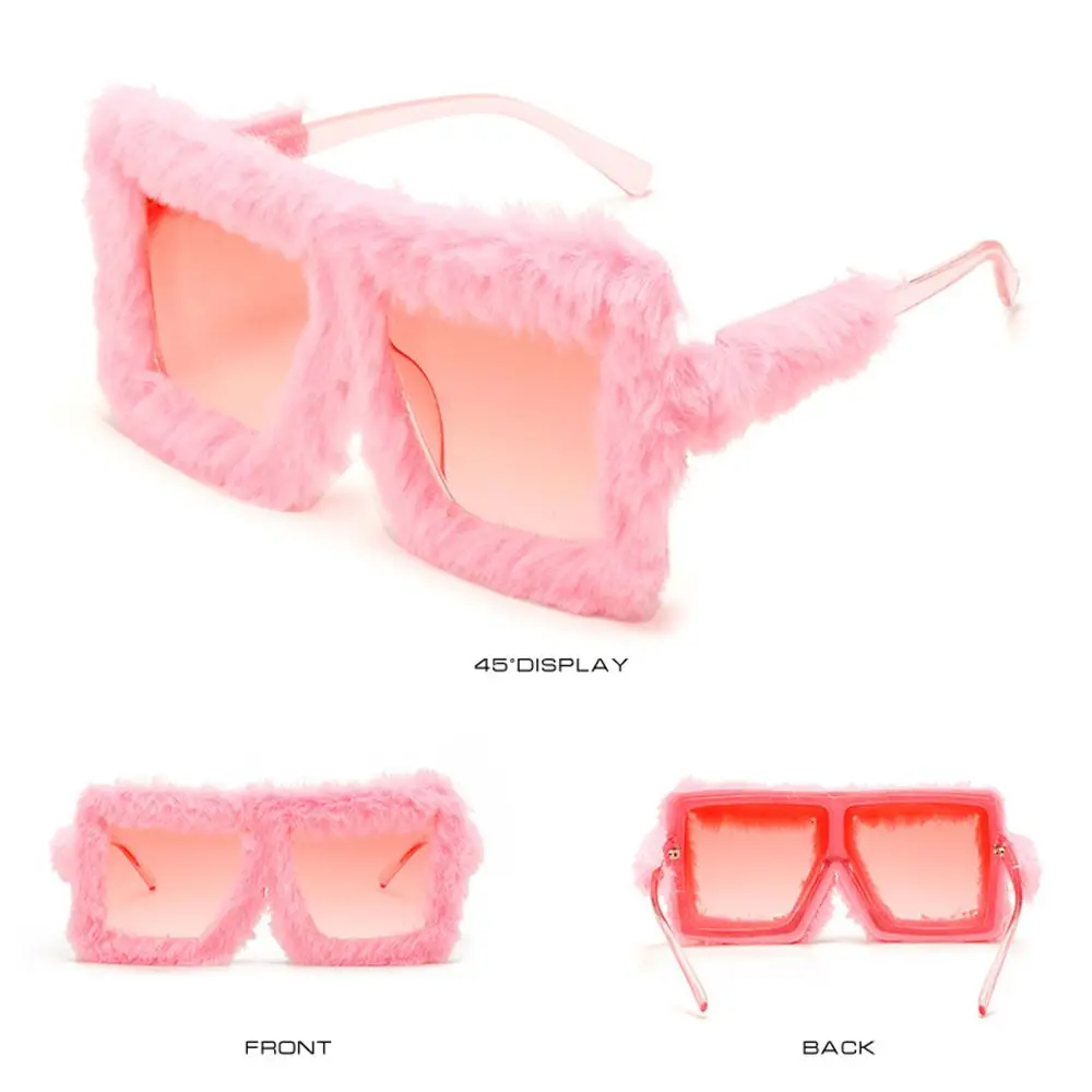 UV400 Eyewear Square Frame Ladies Sexy Shades Soft Fur Punk Sun Glasses Plush Sunglasses