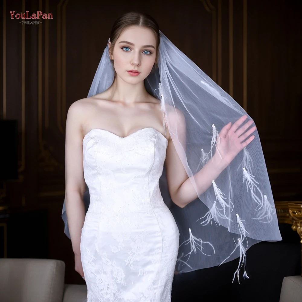 YouLaPan Wedding Veils For Bride 2024 1 Tier Short Bridal Veil Pearl Feather Hairiness Accessories for Wedding Brides V195