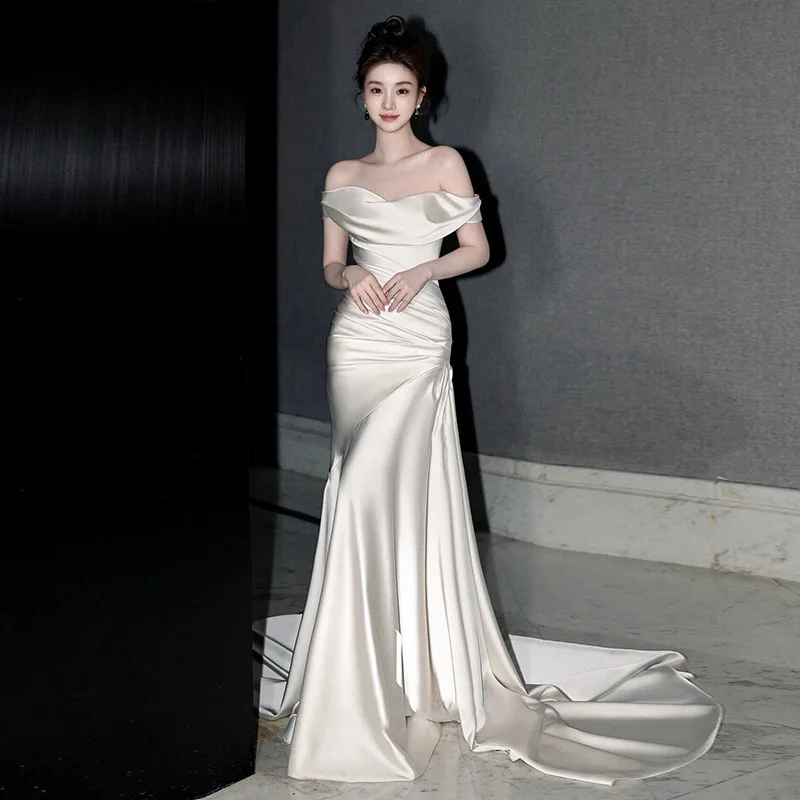 

Новое свадебное платье 2024 года из атласа с одним плечом, силуэт «русалка», для церемонии встречи невесты